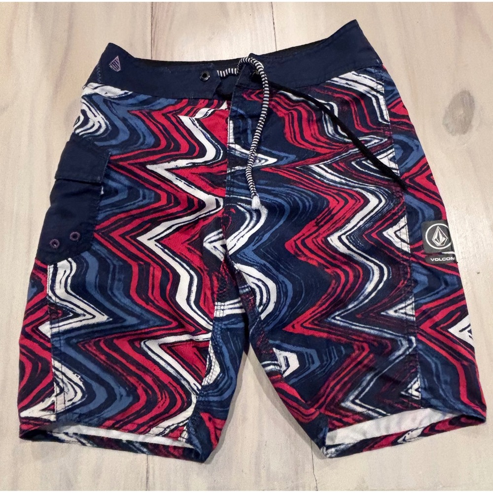 Volcom Boys Board Shorts Size 24 Red White‎ Blue Abstract Zig Zag Cinch Fly Swim